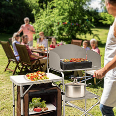 CampLand folding cooking table windscreens shield food from wind during outdoor meals.
