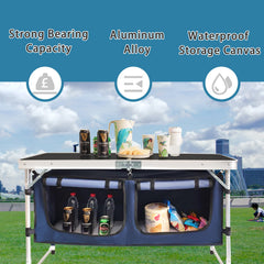CampLand table storage organizer open reveals spacious compartments to keep snacks and gear organized
