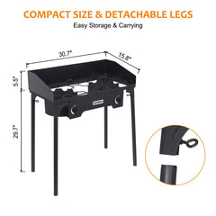 CAMPLUX double burner stove fully setup for quick backyard or campground meals.