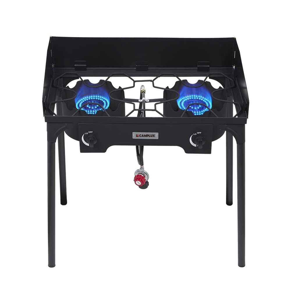 CAMPLUX double burner stove packaged for durable outdoor cooking on the go.