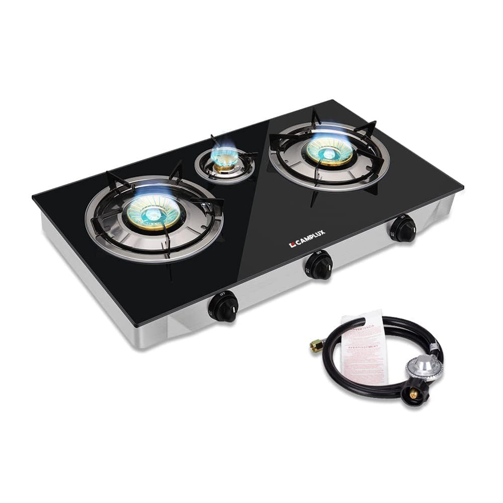 Camplux propane stove front view shows 21,600 BTU power for outdoor cooking