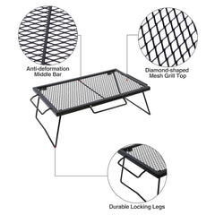 CAMPMAX adjustable-height grill supports different pots with two leg options.
