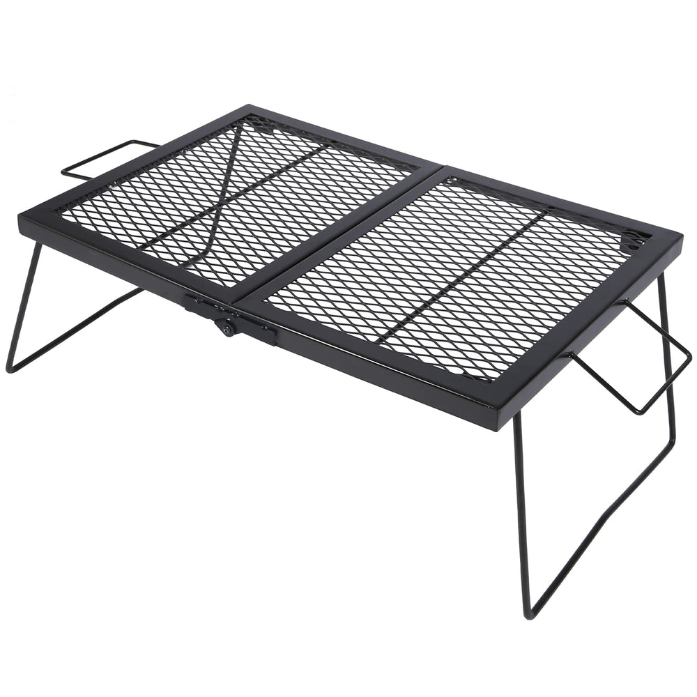 CAMPMAX large folding campfire grill grate assembled over a campfire for even heating