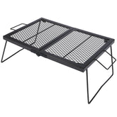 CAMPMAX large folding campfire grill grate assembled over a campfire for even heating