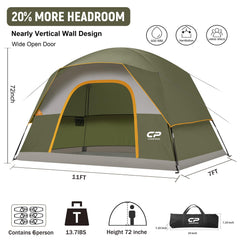 CAMPROS CP 6-person tent quick-setup showing fast two-person assembly.
