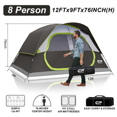 CAMPROS CP tent 8-person assembly close-up demonstrates 5-minute setup with pre-attached poles.