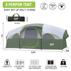 CAMPROS CP 8-person tent interior spacious view highlighting 72-inch center height for easy movement