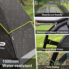CAMPROS CP 8-person rainfly image highlights weatherproof protection and dry shelter.
