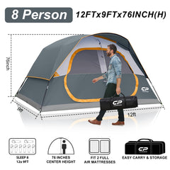 CAMPROS CP 8-person tent side view with rainfly for all-weather protection.