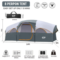CAMPROS CP 8-person tent interior spacious 72-inch center height for easy movement