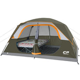 CAMPROS CP tent olive wide front view reveals spacious eight-person living area.