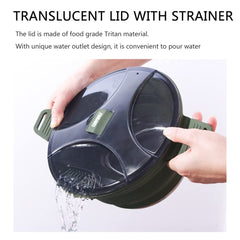 CAMPWOLF collapsible pot lid with strainer closeup, handy for draining pasta or veggies.