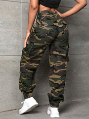 CaniBtr camo pants baggy fit side pocket showcases roominess for everyday errands.
