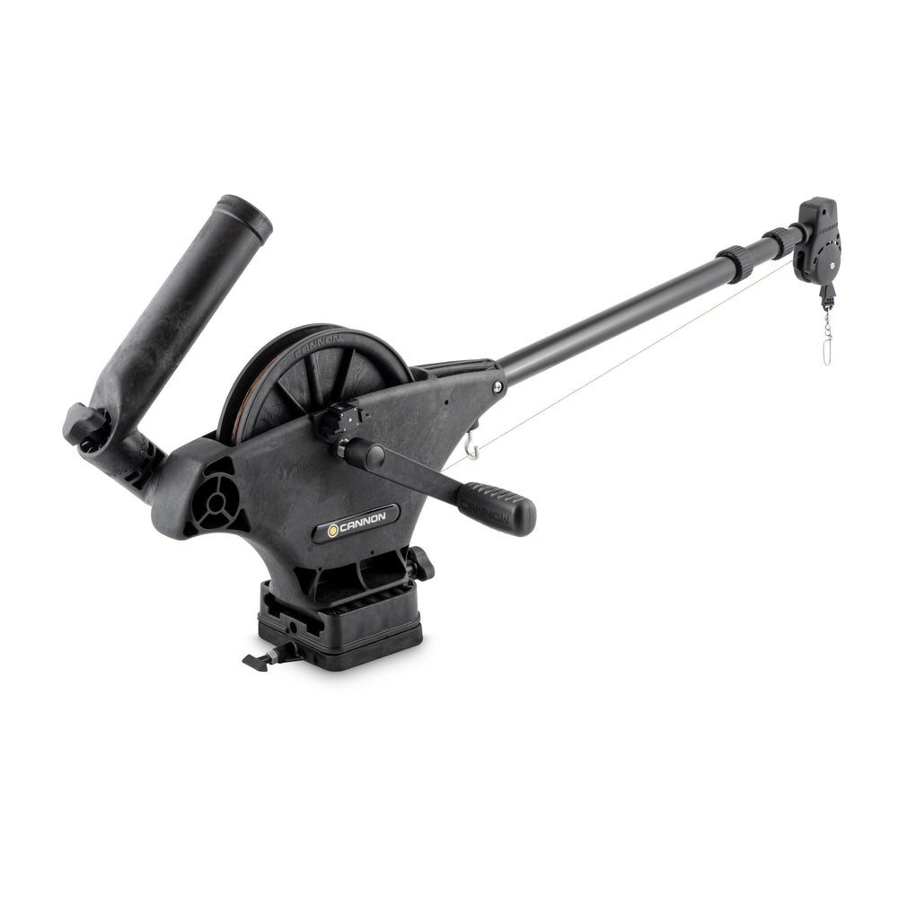 Cannon Uni-Troll 10 STX boom extended for precise bait placement on small boats.