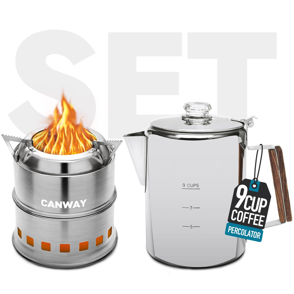 CANWAY percolator front view highlights compact 9-cup setup for camp coffee