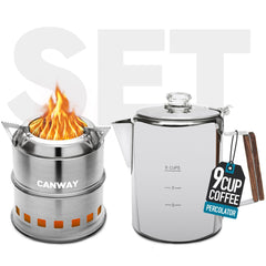 CANWAY percolator front view highlights compact 9-cup setup for camp coffee