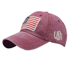 Front view of wine red adjustable baseball cap with American flag print