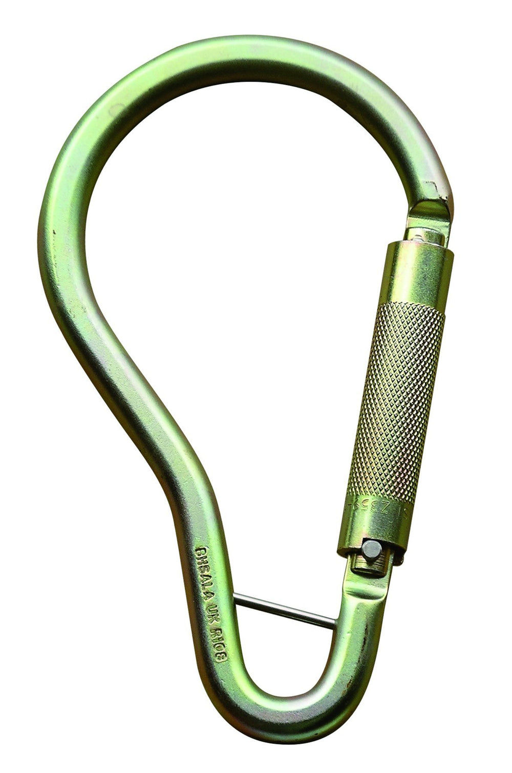 Capital Safety Saflok steel carabiner with gold finish and 2-3-16 inch gate opening for secure anchoring.