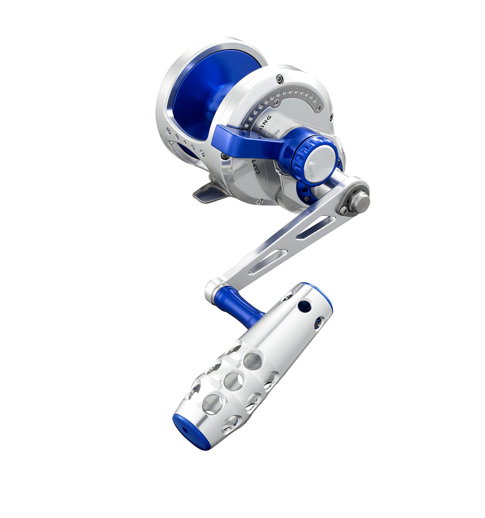 Capt Jay S-60 Jigging Reel Silver Blue, side profile view