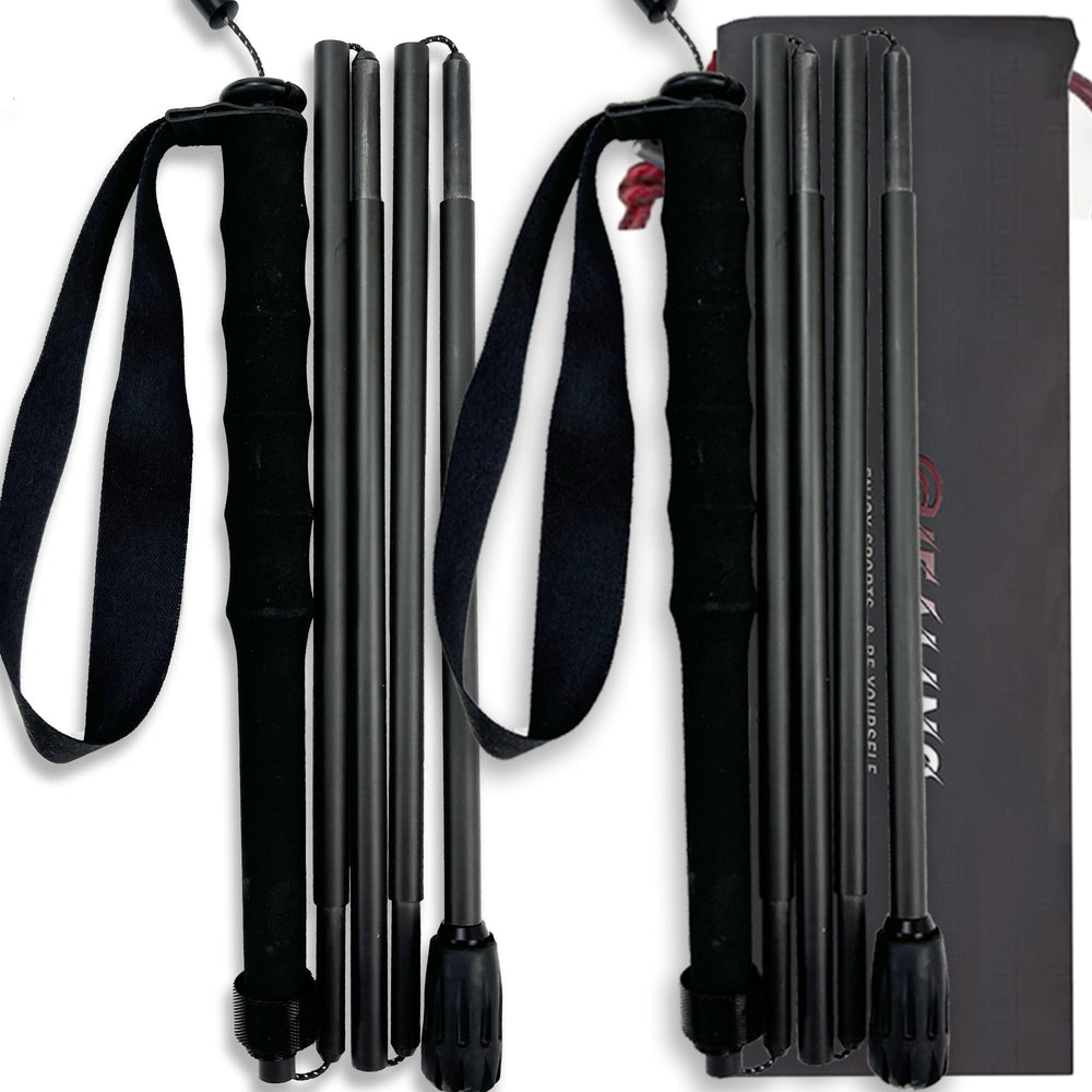 carbon fibre trekking poles extended to 110 cm for stable support on steep trails