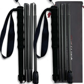 carbon fibre trekking poles extended to 110 cm for stable support on steep trails