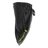 Carhartt Force bandana woodgrain print worn on face for sun protection.