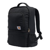 Carhartt insulated 24-can cooler backpack top view shows dual compartments for meals and gear.
