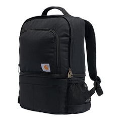 Carhartt insulated 24-can cooler backpack top view shows dual compartments for meals and gear.