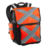 Caribee Pilbara large work backpack front view highlights high-visibility orange and organized pockets.