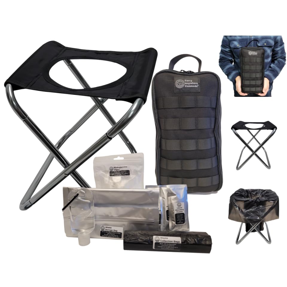 Carry Anywhere Commode folded-compact in a backpack for easy travel.