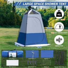 Castle Unicorn shower tent setup with poles demonstrates quick frame assembly