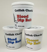 Catfish Charlie Dip Bait Variety Pack Blood Shad Cheese 12 oz with safety seal