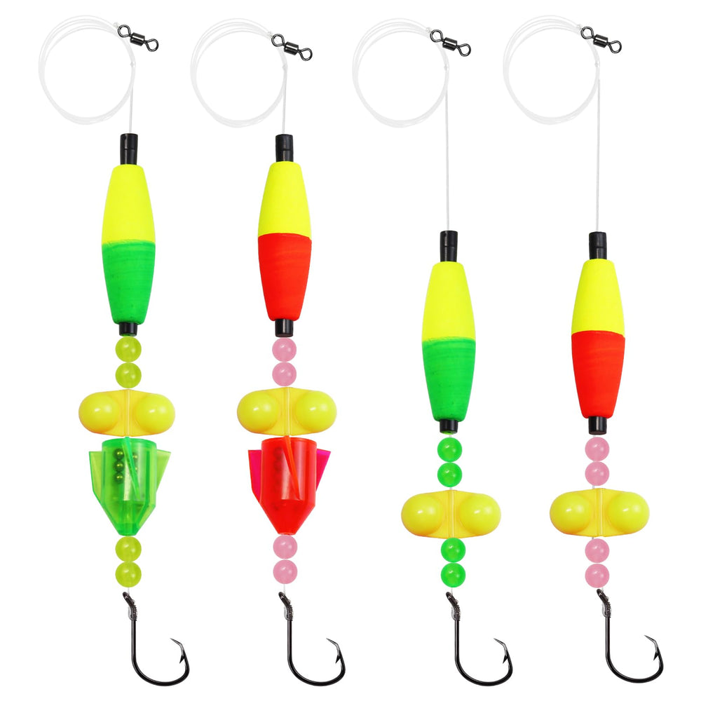 Pre-assembled catfish rig with high-carbon steel barbed hooks and peg float