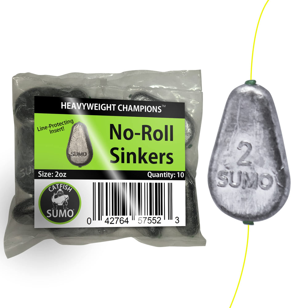 Catfish Sumo flat-no-roll lead sinker weights stay stable on the river bottom.