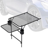 CDEN tailgate table with tire-support stabilizes outdoor setup