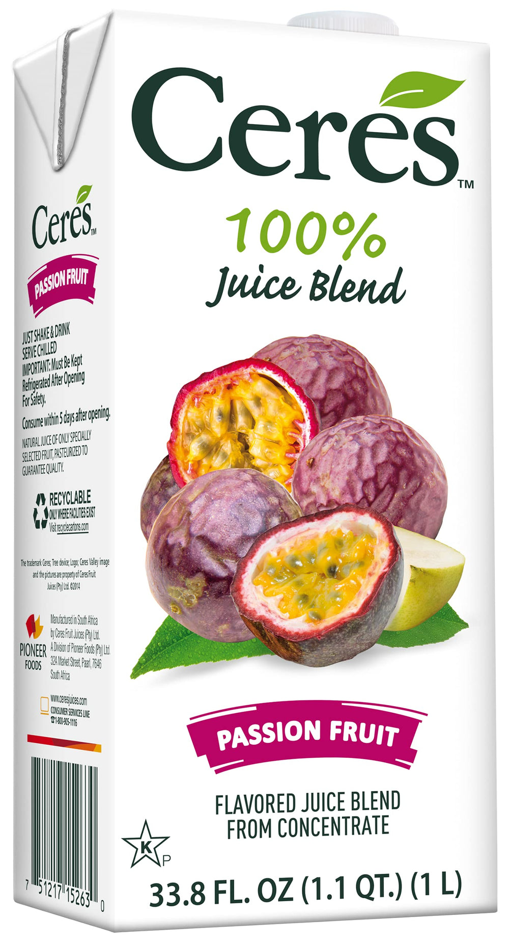 Ceres Passion Fruit Juice bottle highlighting 100% natural content for a refreshing breakfast.