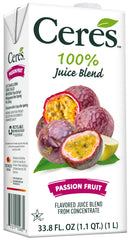 Ceres Passion Fruit Juice bottle highlighting 100% natural content for a refreshing breakfast.