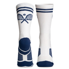 ChalkTalkSPORTS tennis performance crew socks cross-racquets navy closeup showing cushioned support