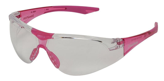 Champion Range shooting glasses for youth with clear lenses, pink temples, ballistic protection