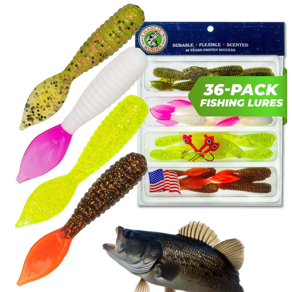 Charlie's Worms bass lures closeup showing lifelike action for freshwater fishing.