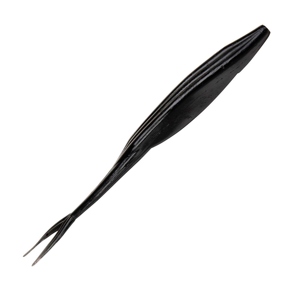Charlie's Worms Swimming Juke black lure side view shows twin tails for vibrations.