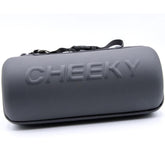 Cheeky Reel Capsule Case grey front view shows compact design with logo