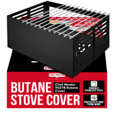 Chef Master universal butane stove cover shields wind and expands cooking space.