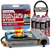 Chef Master Grill Boss dual-fuel stove front view ready for campsite meals.