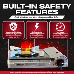 Chef Master Grill Boss stove side setup shows portable design for travel.
