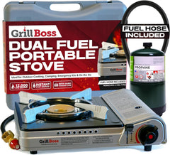 Chef Master Grill Boss stove in its durable hard-shell case for easy transport.