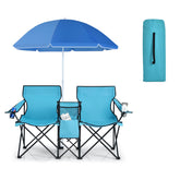 CHEFJOY double camping chair with turquoise umbrella provides shade during outdoor lounging.