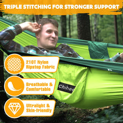 Chihee hammock setup between two trees showing quick-assist setup