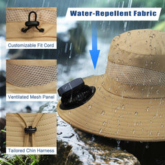 Close-up of UPF50+ fabric and wide brim protection