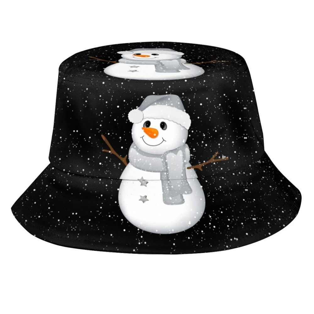 Front view of Christmas Snowman bucket hat with snowflake print